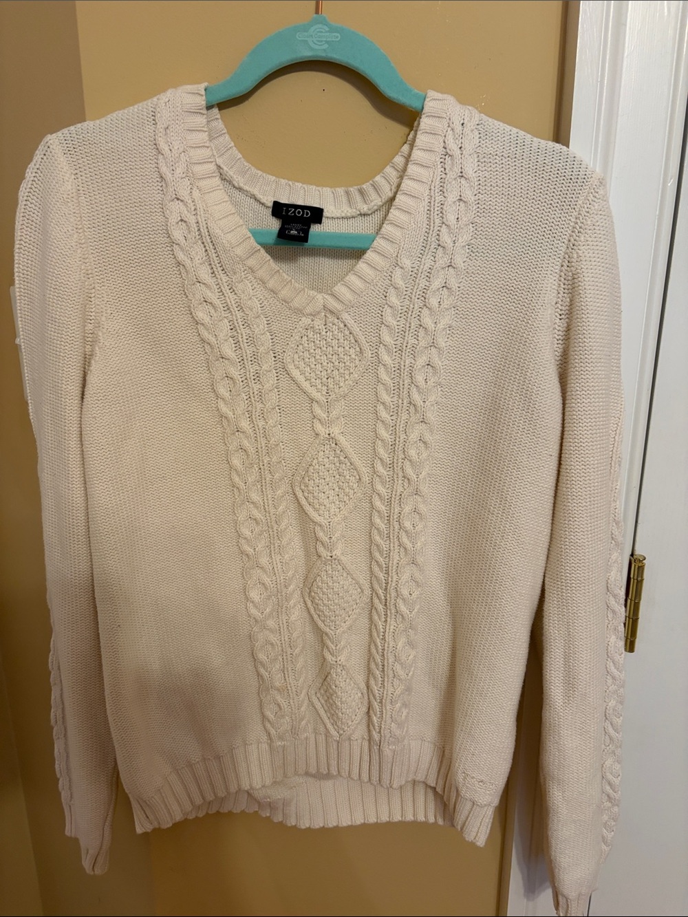 Izod Cream Cable-Knit V-Neck Pullover Sweater